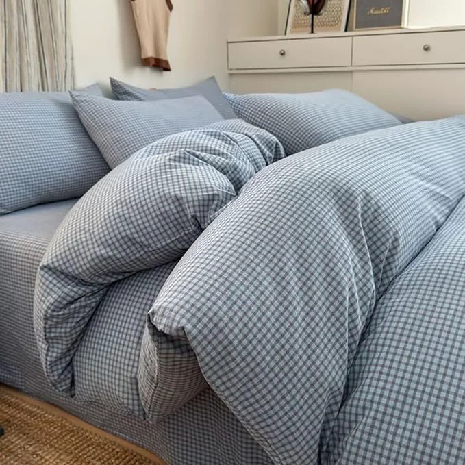 Elegant PinkMemory Blue Gingham Duvet Cover Set Queen Washed Cotton Plaid Fast
