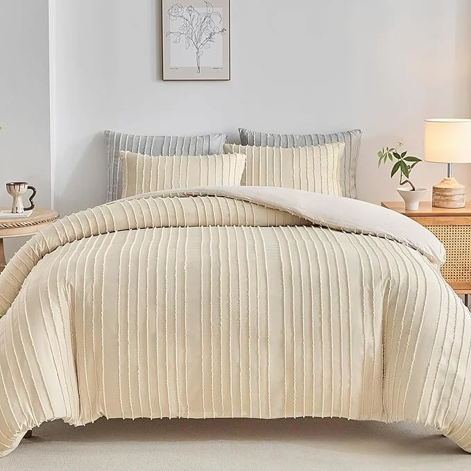 High-Grade WARMDERN Khaki Boho Duvet Cover Twin Size Striped Textured Duvet Cover Tufted Versatile
