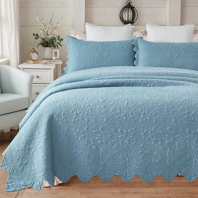 Environmentally Friendly Brandream Luxury Cotton Quilt Set King Size Blue Floral Vine Matelasse Trendy