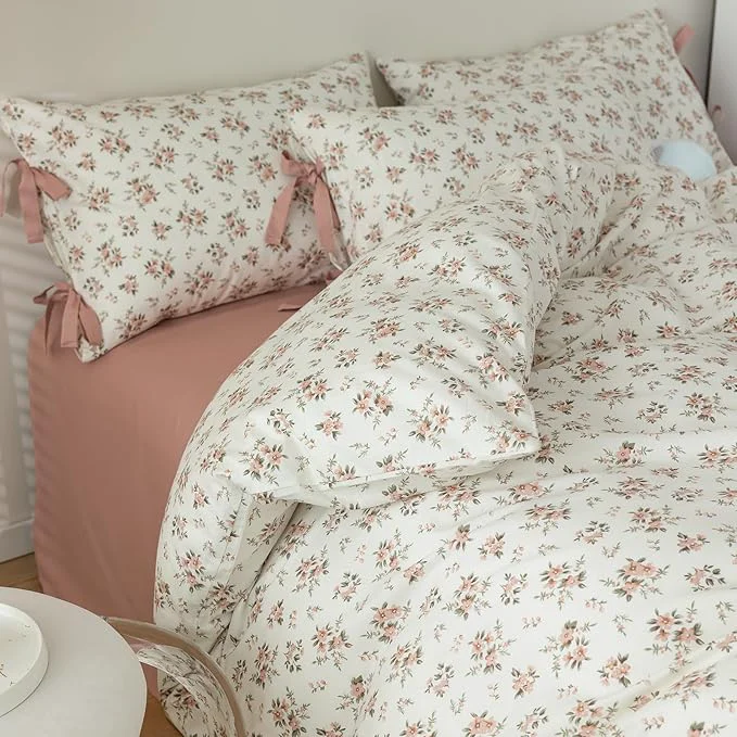 Green mixinni Vintage Style Girls Pale Pink Flower Pattern Duvet Cover Queen Soft Artisan