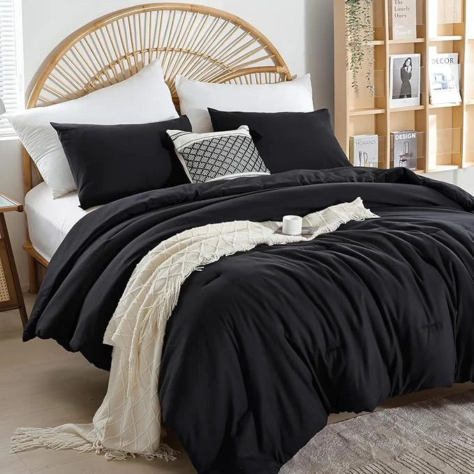 Smart weigelia Queen Comforter Set Black Comforter Boho Solid Color Bedding Comforter Specialty