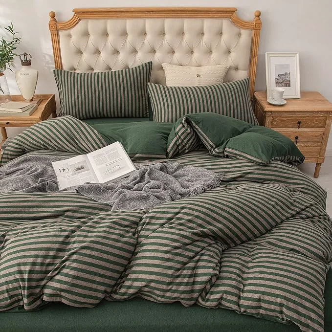 Reusable PURE ERA Forest Green Stripe Jersey Duvet Cover Set King Size T-Shirt Comfortable