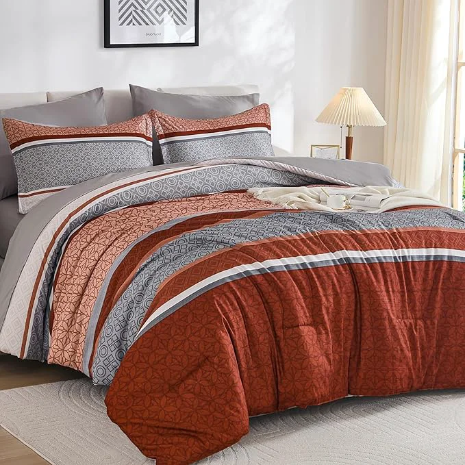 Functional WONGS BEDDING 7 Pieces Comforter Set Queen Size Burnt Orange Striped Bed in a Easy-to-Use