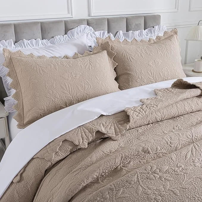 Casual Brandream Khaki Cotton Quilt Set King Size Vintage Cottage Floral Vine Bedding Prestigious