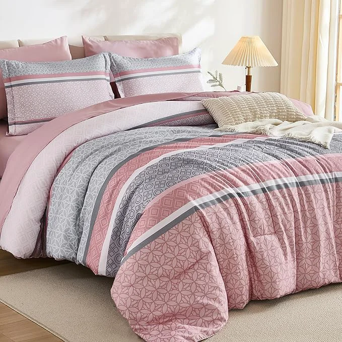 Certified WONGS BEDDING Pink Queen Comforter Set 7 Pieces Boho Striped Bed in a Bag Luxury