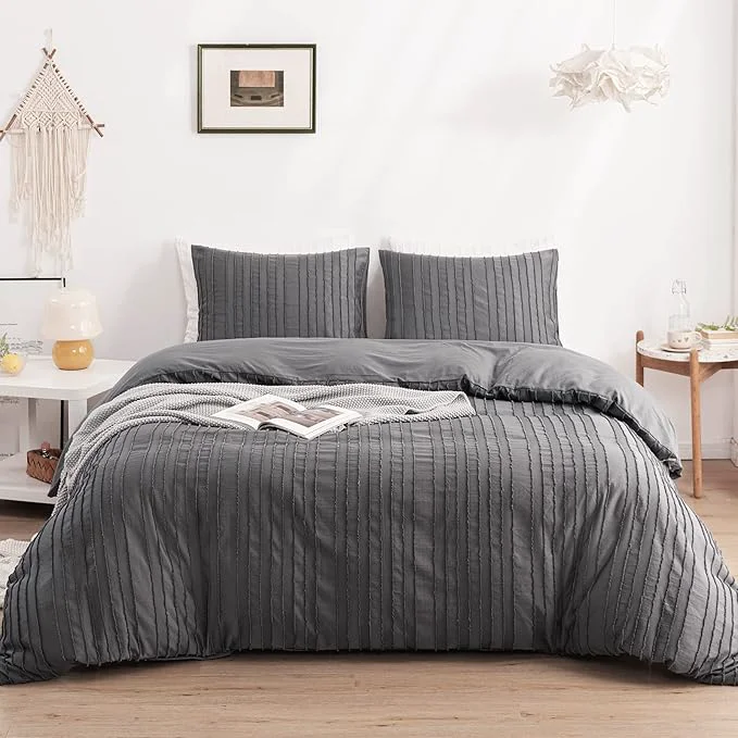 Flexible WARMDERN Gray Boho Duvet Cover Set Queen Size Striped Textured Duvet Cover Organic