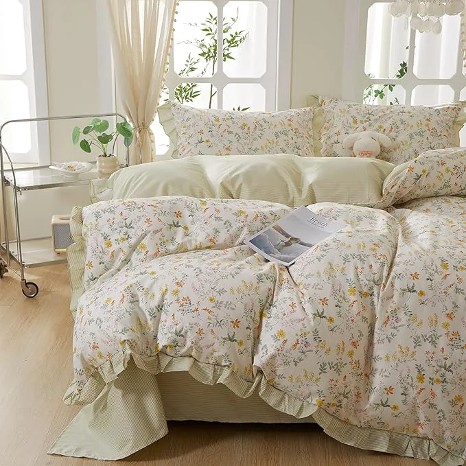 Elegant mixinni Cotton Duvet Cover Set Full Reversible Spring Floral Ruffle Green Functional