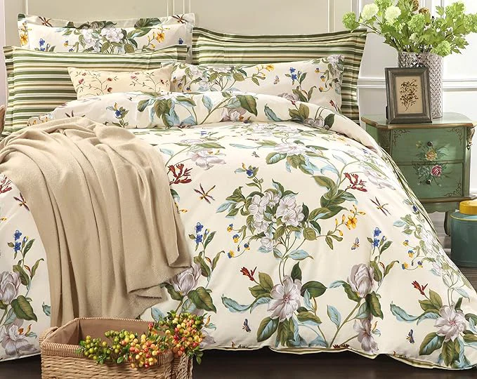 Reliable FADFAY Floral Duvet Cover Set Cotton Green and Beige Striped Shabby Flower Powerful