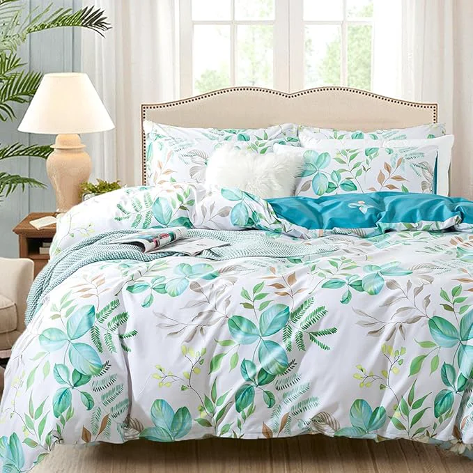 Functional FADFAY Botanical Duvet Cover Sets Queen Size Cotton Teal Green Leaves Advanced