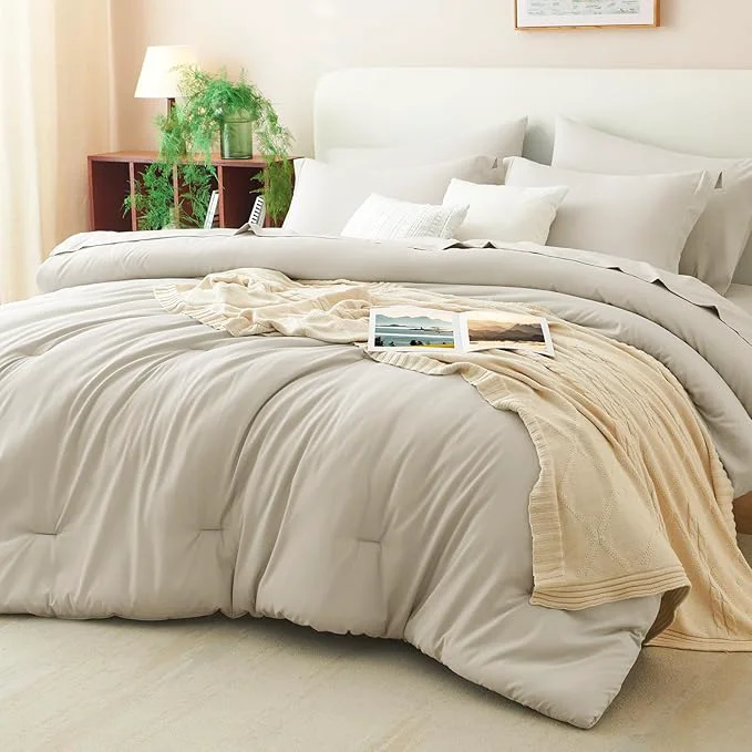 Easy-to-Use CozyLux King Comforter Set Beige 7 Pieces Bed in a Bag Soft Bedding Comforter