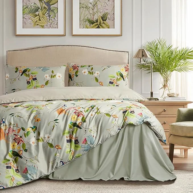 Elite mixinni Garden Style Floral Birds 3 Pieces Duvet Cover King Size Green Leaves Dependable