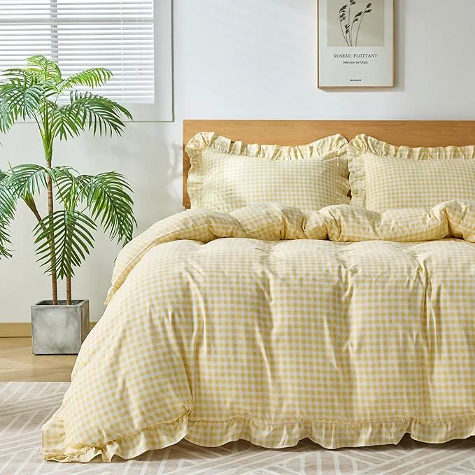 Sustainable Gingham Duvet Cover King Size 3 Pieces Soft Breathable Microfiber Plaid Organic