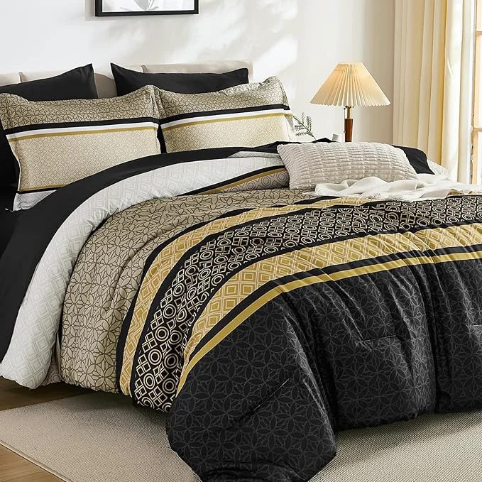 Traditional WONGS BEDDING Yellow Black Queen Comforter Set 7 Pieces Boho Striped Bed in a High-End