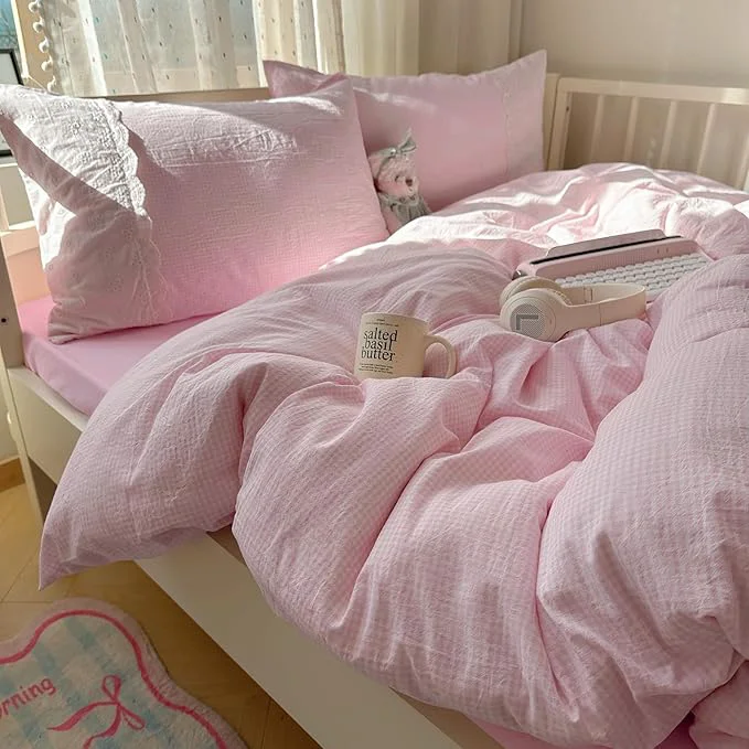 Casual mixinni Pink Gingham Duvet Cover King Size Premium