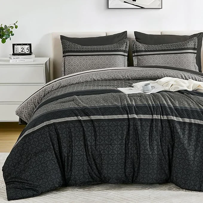 Selected WONGS BEDDING Comforter Set Full Size Dark Grey Striped 7 Pieces Bed in a Bag Comfortable