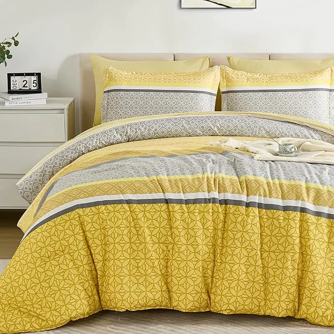 Unique WONGS BEDDING Yellow Comforter Set King Size 7 Pieces Striped Bed in a Bag Official