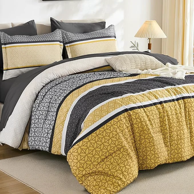 World-Class WONGS BEDDING Yellow Grey King Comforter Set 7 Pieces Boho Striped Bed in a Trusted