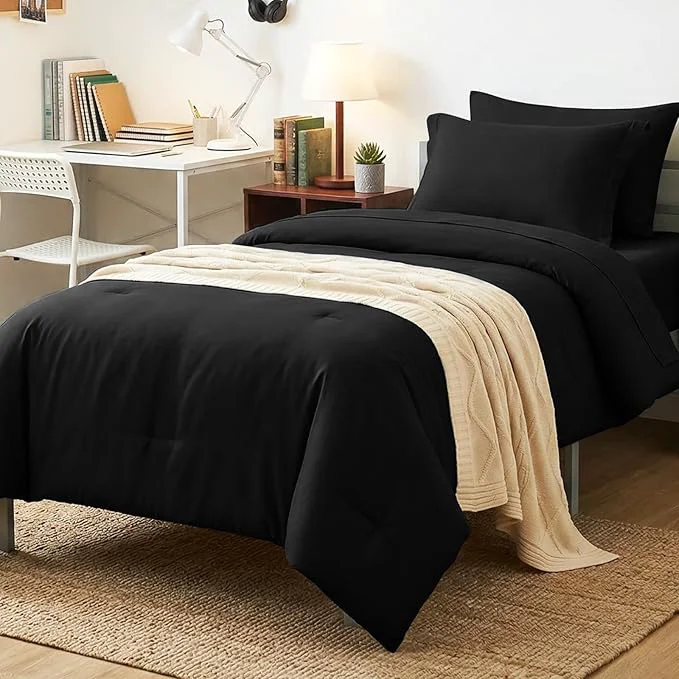 Fashionable CozyLux Twin XL Comforter Set Black 5 Pieces Bed in a Bag Twin Extra Long First-Class