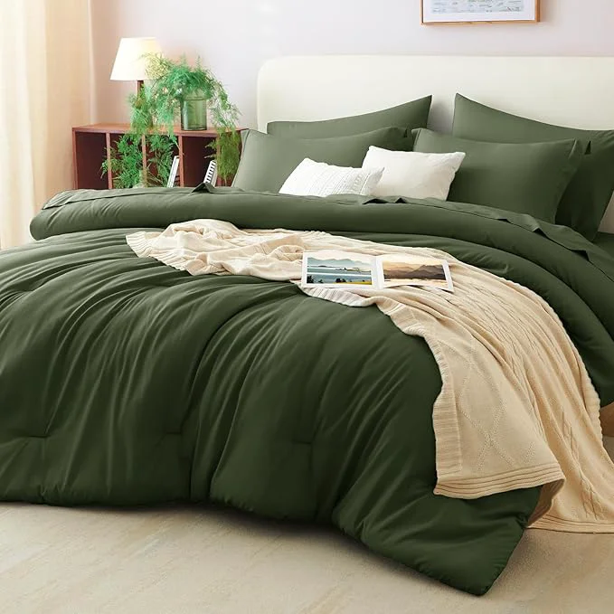 Fine CozyLux California King Comforter Set Olive Green 7 Pieces Cal King Bed in a Traditional