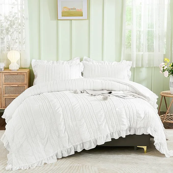 Clean WONGS BEDDING White Queen Comforter Set Boho Ruffle Comforter User-Friendly