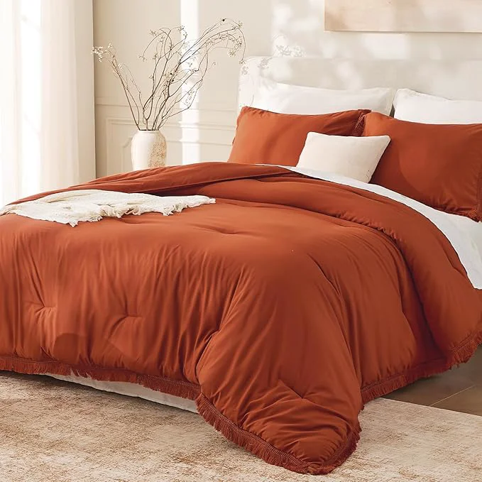 Sustainable Andency Queen Comforter Set Burnt Orange 3 Pieces Boho Terracotta Fall Tassel Organic