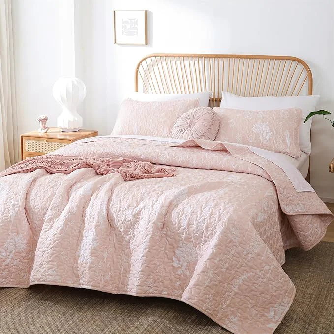 Reusable JANZAA Quilts Queen Size Blush Quilt Botanical Artisan