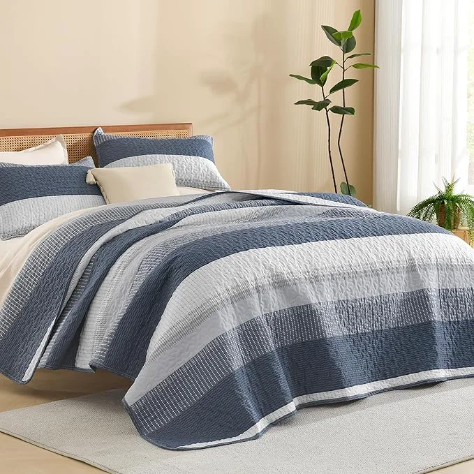 Advanced Litanika Queen Quilt Set Navy Blue Stripe Patchwork Bedspread Coverlet 3 Pieces Recyclable