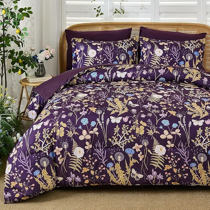 High-End Yiran Purple Floral Comforter Set King Size 7 Piece Botanical Comforter Enhanced