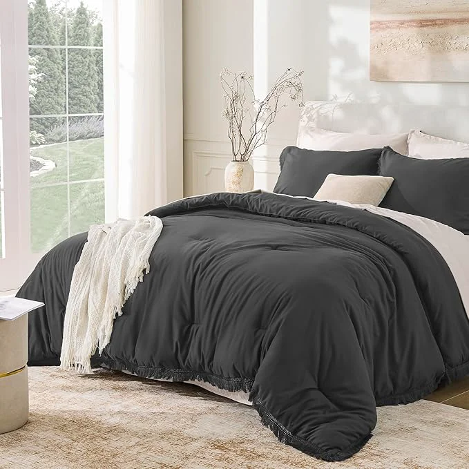 Fine Andency Comforter Set Oversized King Dark Grey 120×120 3 Pieces Boho Fall User-Friendly
