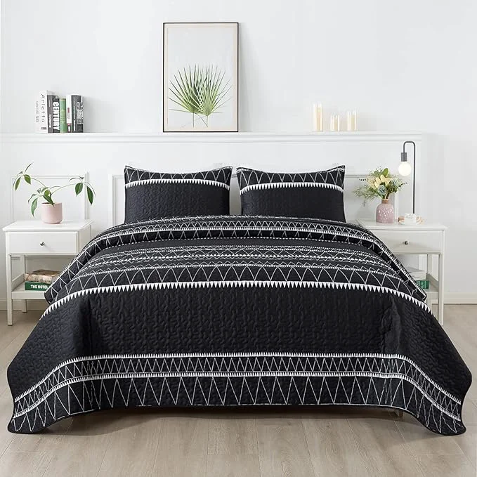 Casual Andency Black Oversized Super King Quilt Set 3 Pieces Boho Lightweight Soft Trendy