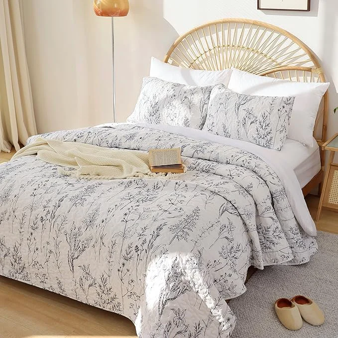 Organic JANZAA Quilts Queen Size White Floral Bed Spread Fine