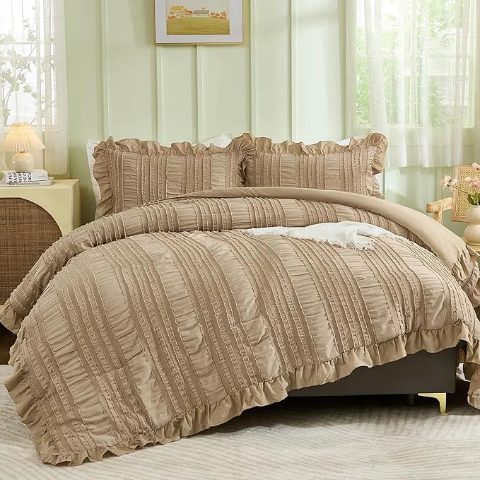 Advanced WONGS BEDDING Khaki Comforter Set King 3 Pieces Ruffle Farmhouse Shabby Chic Trusted