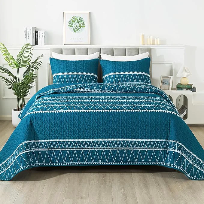 Detailed Andency Teal Twin Quilt Set 2 Pieces Boho Lightweight Soft Striped Bedspread Premium