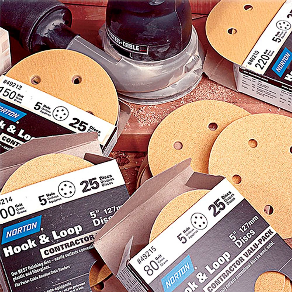 Fine Norton Hook Sand Discs 5 in. x 5 Hole x 100-Grit 25-Pack Secure