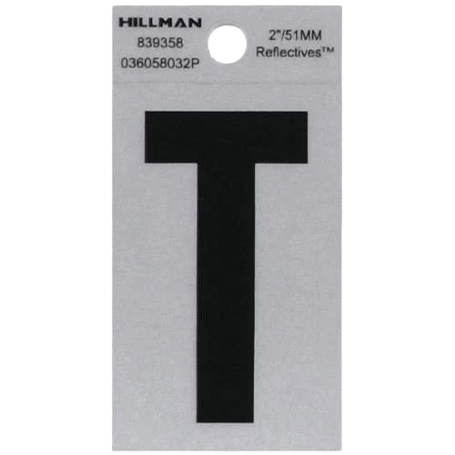 Solid Hillman 2 in. Black Silver Reflective Mylar Square Cut Sticker Letter T Easy-to-Use