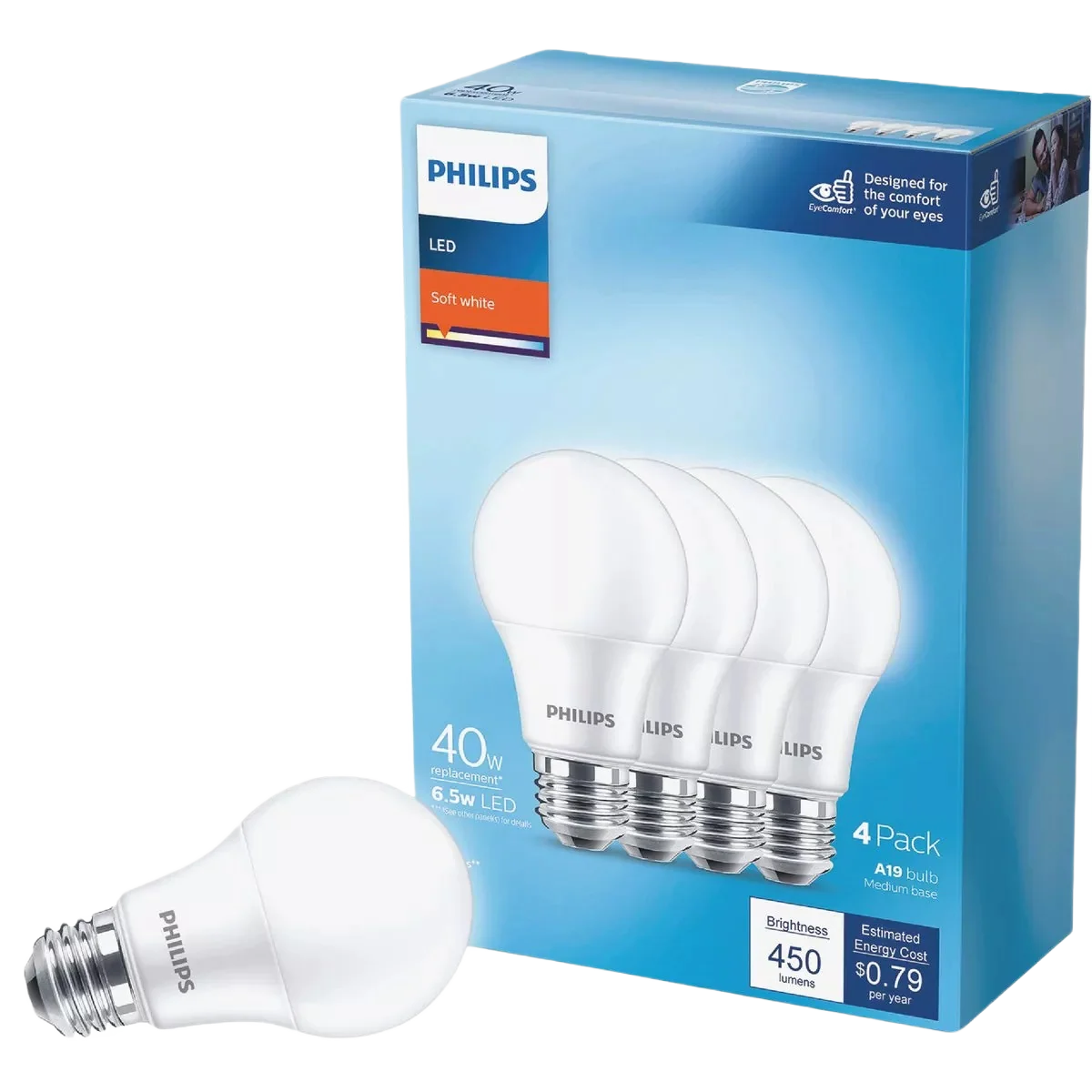 Organic Philips 40W Equivalent Soft White A19 Medium LED Light Bulb 4-Pack Powerful