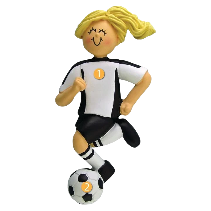 Functional Ornament Central Personalized Blonde Female in Black Soccer Uniform Ornament Authentic