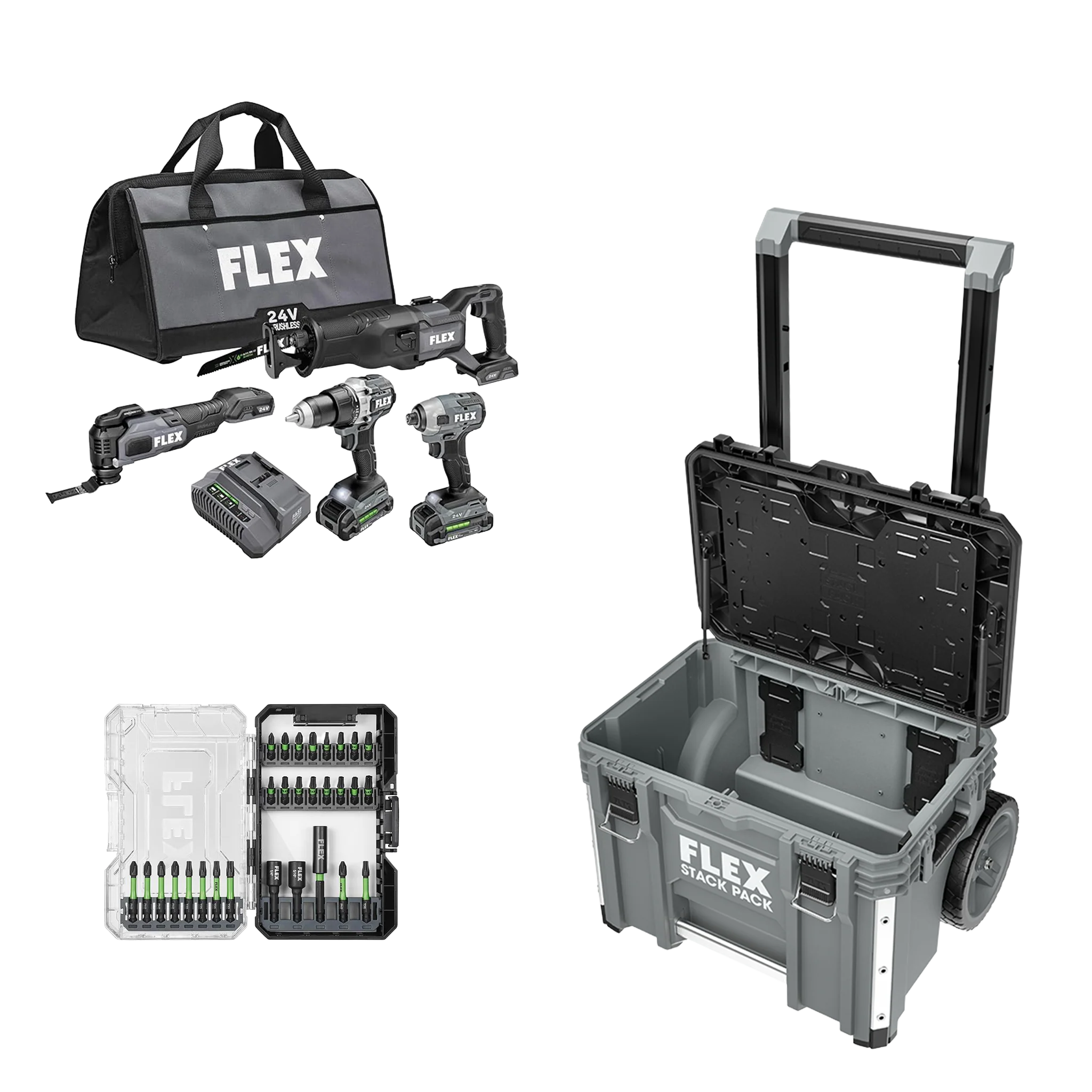 Selected FLEX 24V 4-Tool Combo Kit 29-Pc. Bit Set and Stack Pack™ Rolling Tool Box Premium Material