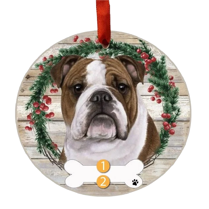 Specialty E S Pets Personalized Bulldog Face Wreath Ornament Recyclable