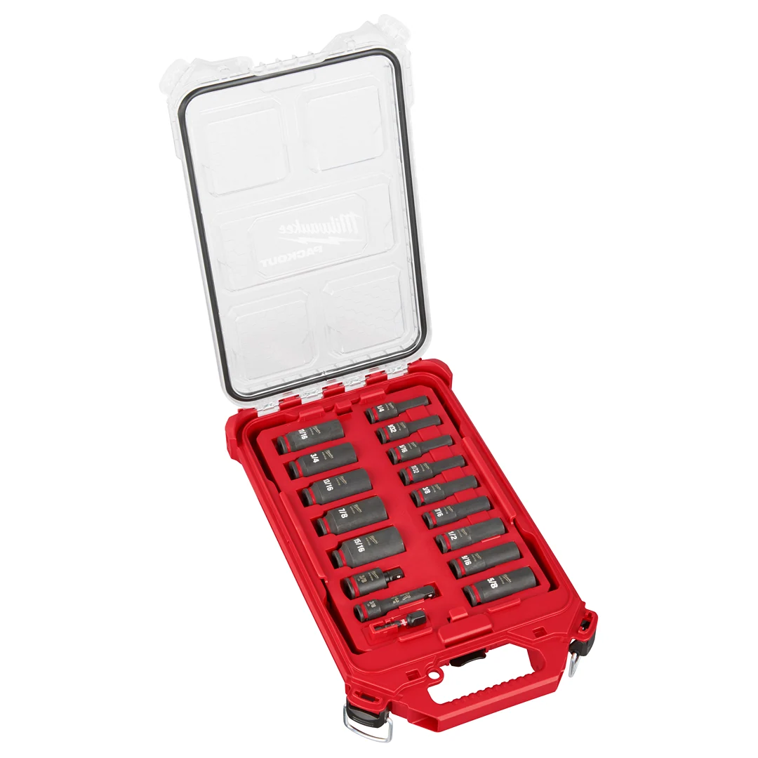Natural Milwaukee 17PC SHOCKWAVE™ Impact Duty Socket 3 8 Drive SAE Set with PACKOUT™ High-End