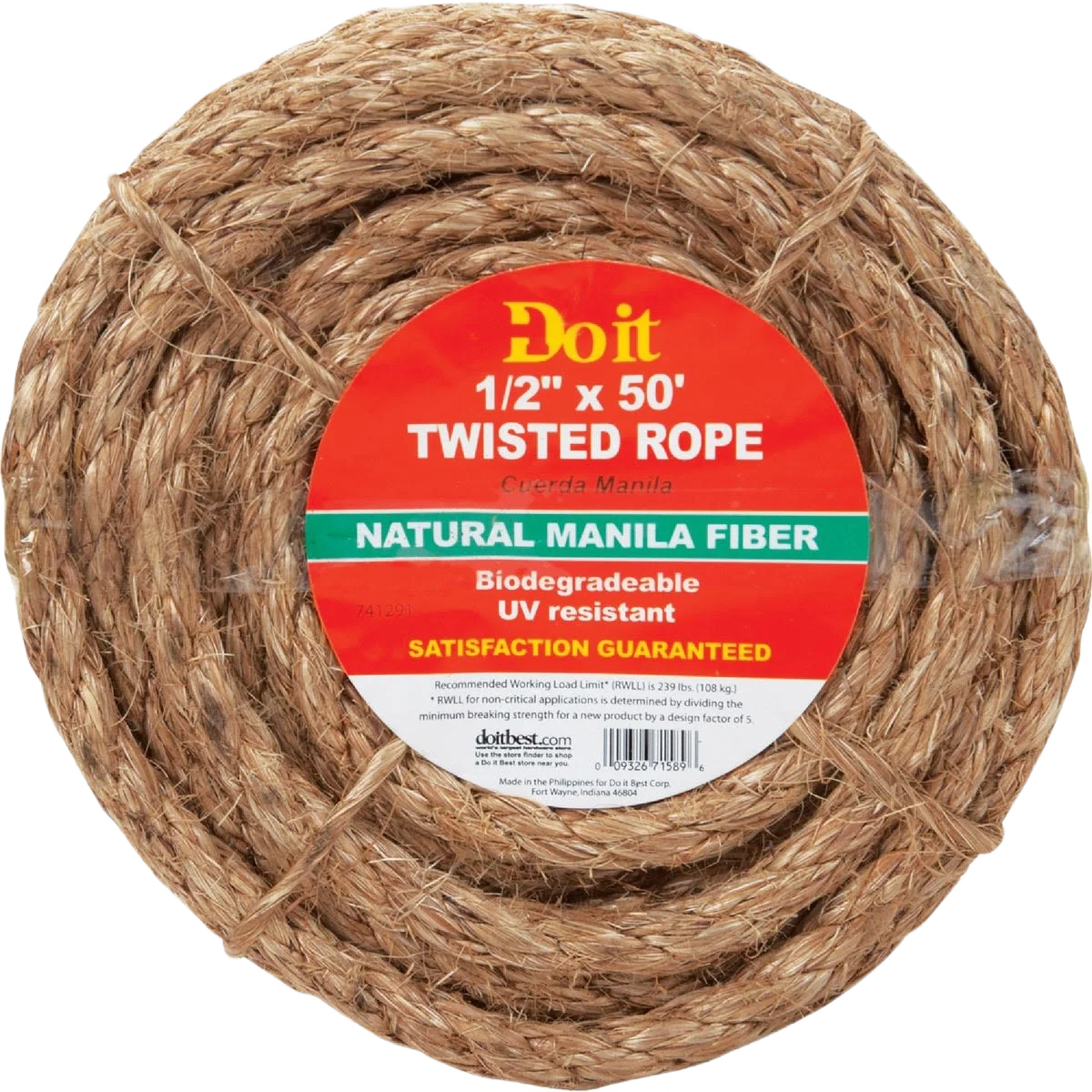 Convenient Do it Twisted Manila Packaged Rope 1 2 in. x 50 ft. Smooth