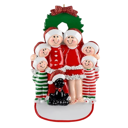 Fine Crafted Rudolph Me Personalized Family of 6 with Black Dog Ornament Trendy