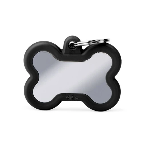 Environmentally Friendly MyFamily Hushtag Big Black Chrome-Plated Brass Bone Pet Tag with Black Rubber Practical