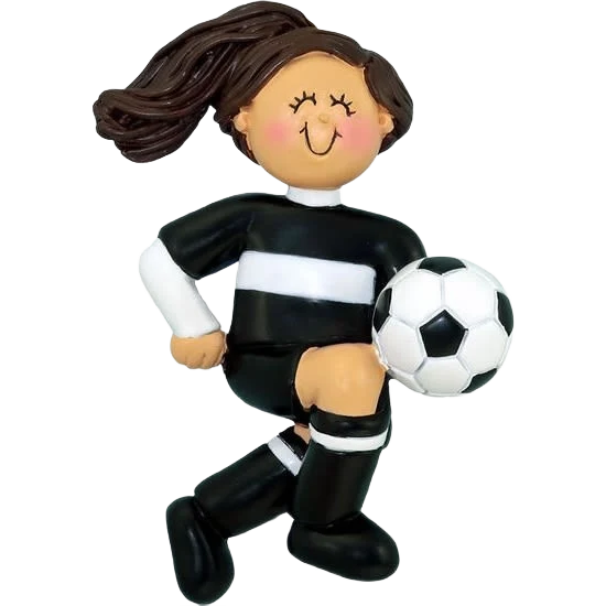 Modern Ornament Central Personalized Brunette Female Soccer Player in Black Uniform Ornament Organic