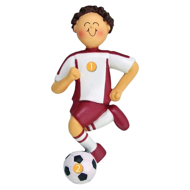 Minimalist Ornament Central Personalized Brunette Male in Red Soccer Uniform Ornament Fine