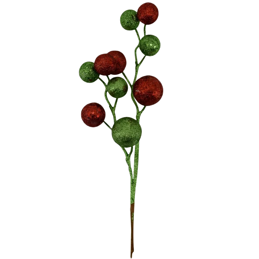 First-Class Treemont Floral Red Green Glitter Ball Spray 11 in. Stylish