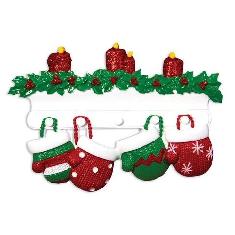 Prestigious PolarX Personalized Red Green Mitten Family of 4 Ornament Reusable
