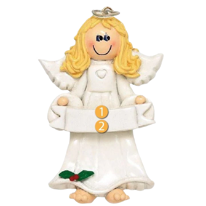 Detailed Rudolph Me Personalized Blonde Angel with Banner Ornament Advanced