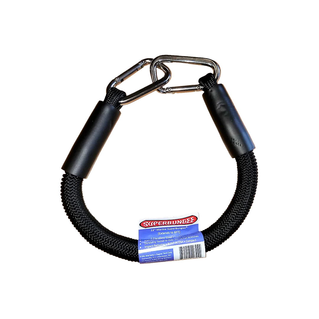 Superior SuperBungee Black 12 in. Marine Cord with 2 Stainless Steel Carabiner Hooks Flexible