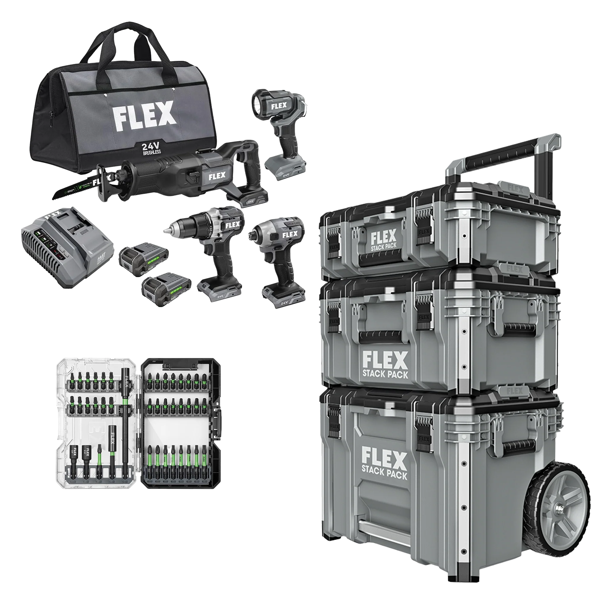 Superior FLEX 24V 4-Tool Combo Kit 41-Pc. Impact Driver Bit Set Stack Pack™ 3-Pc. Storage System Lightweight